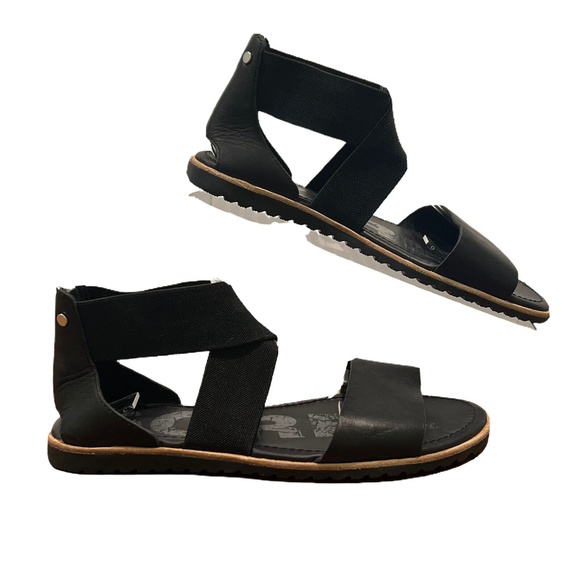 Sorel Ella Black Leather Slip On Flat Ankle-Strap Open Toe Sandals Womens Sz 6.5 - Picture 3 of 12